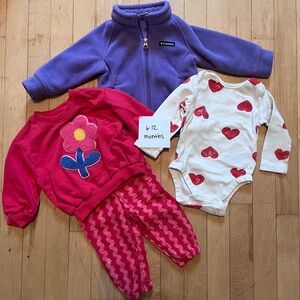 6-12 Month Columbia Fleece Jacket, Flower Outfit & Heart Onsie